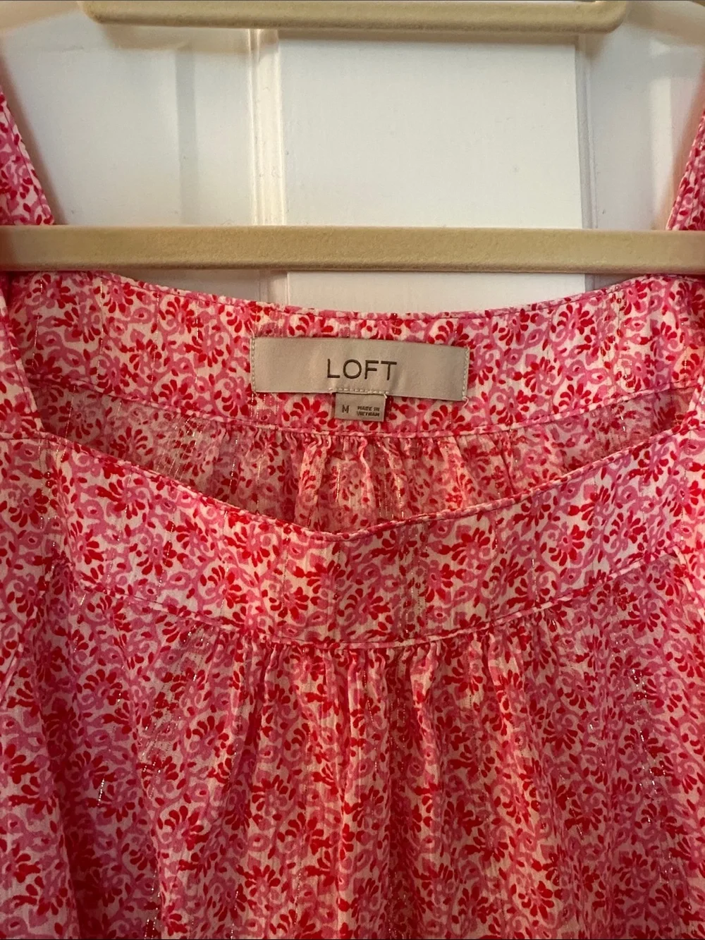 LOFT Pink Ditsy Floral Puff-Sleeve Square Neck Blouse